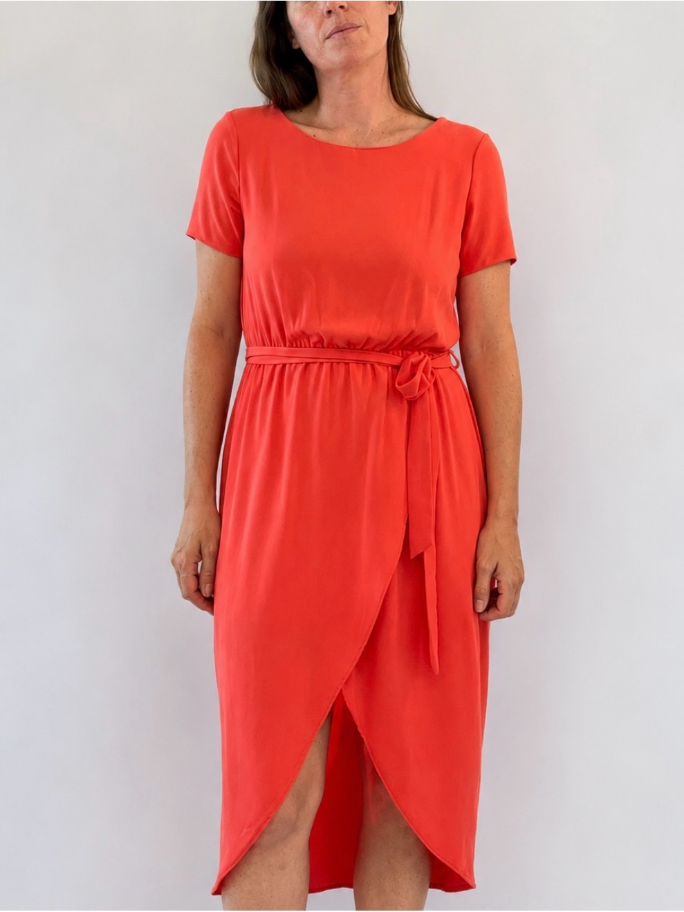 Everly Coral Wrap-Style Midi Dress With Tie Waist